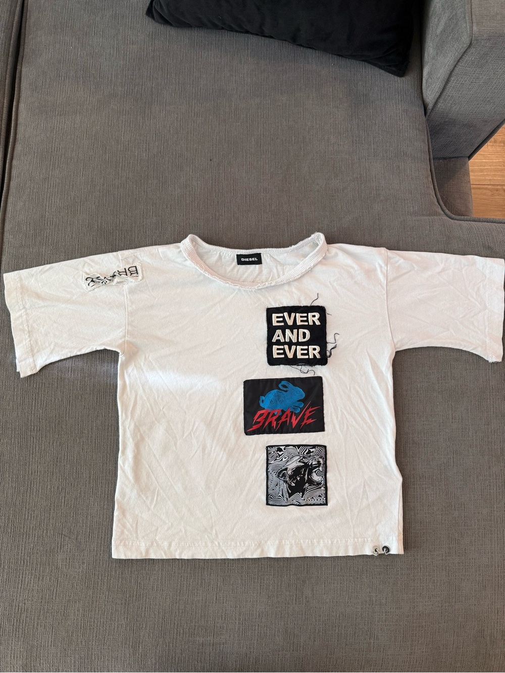 Diesel White Short Sleeve Tee with Blue and Red Graphic Patches